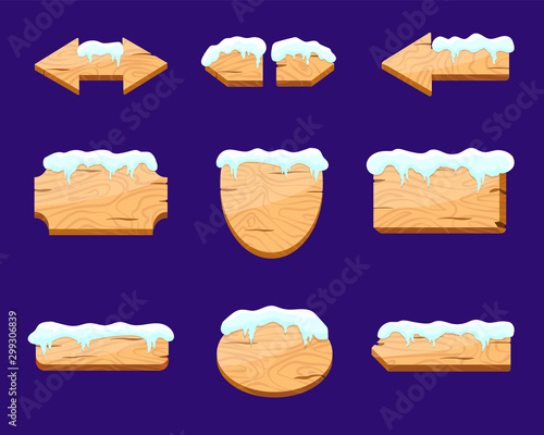 Wooden cartoon signs with snow caps isolated vector illustration. Round, semi circle, rectangle and arrow shapes blank wooden sign board for message