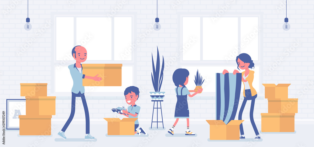Family moving to a new flat. Happy parents and kids celebrate relocation, unpacking together essentials boxes in empty room, opening cardboards with belongings. Vector flat style cartoon illustration