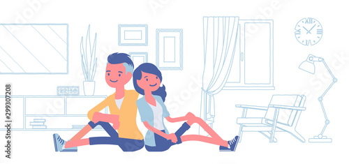 Young family dreaming of own house. Man and woman sitting in imaginable line drawing image of a new future flat, room vision with interior details and furniture. Vector flat style cartoon illustration