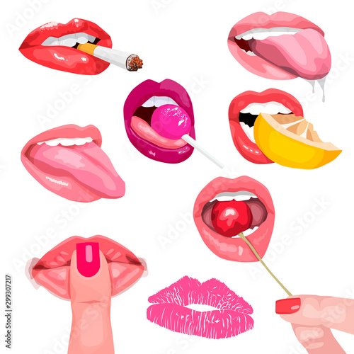 set of different mouths.  Attractive female lips with cigarette, cherry, lemon, lollipop, saliva, finger and kiss print. isolated on white background.