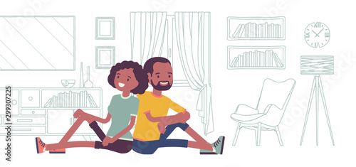 Young black family dreaming of own house. Man, woman sitting in imaginable line drawing image of a new future flat, room vision with interior details, furniture. Vector flat style cartoon illustration