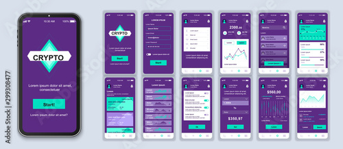Cryptocurrency smartphone interface vector templates set. Financial app. Mobile wallet. Web page design layout. Pack of UI, UX, GUI screens for application. Phone display. Web design kit
