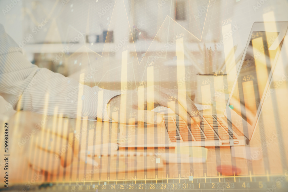 Multi exposure of stock market graph with man working on laptop on background. Concept of financial analysis. Multi exposure of stock market graph with man working on laptop on background. Concept of financial analysis.