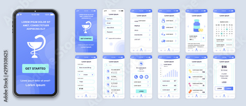 Medicine smartphone interface vector templates set. Healthcare and lifestyle mobile app. Web page design layout. Pack of UI, UX, GUI screens for application. Phone display. Web design kit