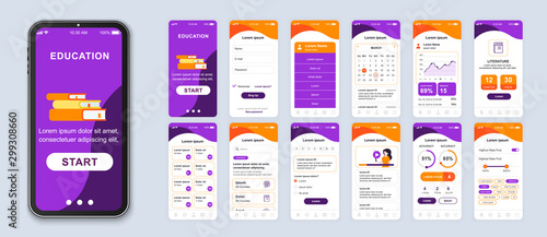 Education mobile app smartphone interface vector templates set. Online courses web page design layout. Remote studying. Pack of UI, UX, GUI screens for application. Phone display. Web design kit