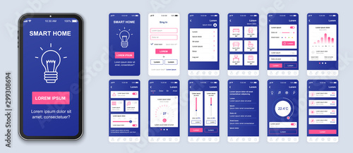 Smart home mobile app interface vector templates set. Remote temperature control. Web page design layout. Pack of UI, UX, GUI screens for application. Phone display. Web design kit photo
