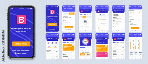 Banking smartphone interface vector templates set. E wallet app. Credit and deposit online. Web page design layout. Pack of UI, UX, GUI screens for application. Phone display. Web design kit