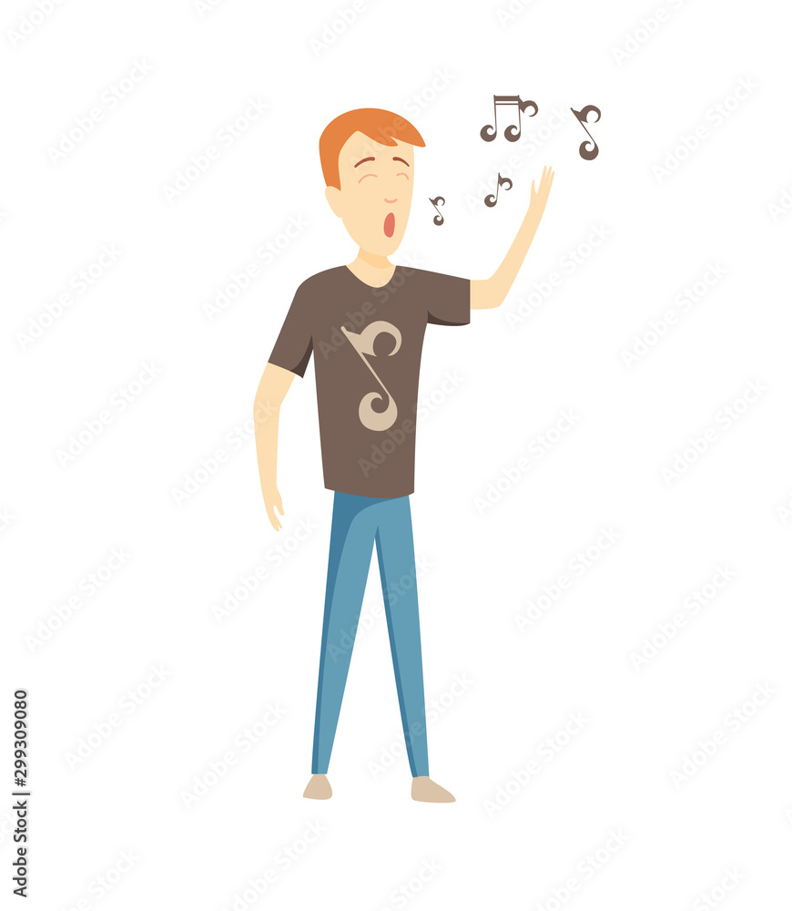Cartoon male superstar singer singing. Singer performing happily. Vector character. Cartoon male superstar singer singing. Singer performing happily. Vector character.