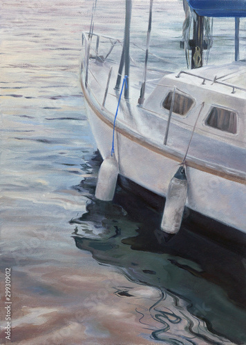 yacht sailing boat in the calm harbor sea waters in the morning - tranquil scene oil painting with detailed paint and canvas texture © Cattallina