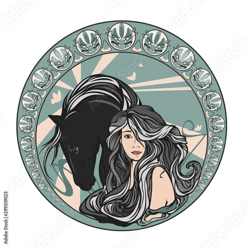 beautiful young woman with long gorgeous hair and horse inside round medallion - art nouveau style beauty portrait vector design