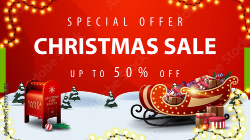 Special offer, Christmas sale, up to 50% off, red discount banner with cartoon winter landscape, Santa letterbox and Santa Sleigh with presents
