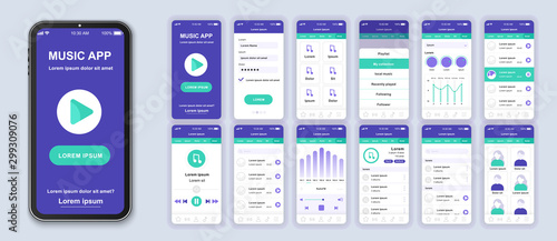 Music mobile app interface design vector templates set. Musical albums. Online audio playlist. Smartphone web page layout kit . Pack of UI, UX, GUI screens for application. Phone display