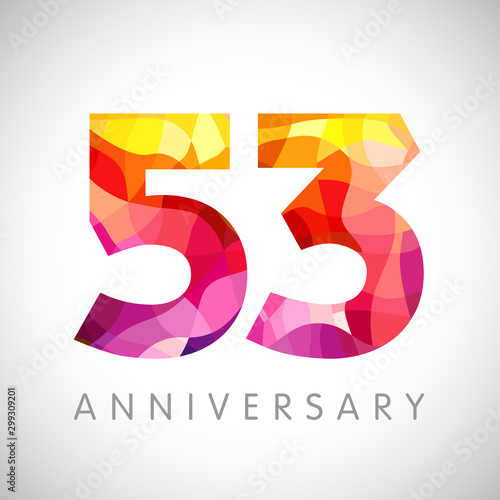 53 th anniversary numbers. 53 years old yellow coloured logotype. Age congrats, congratulation idea. Isolated abstract graphic design template. Creative 3, 5 3D digits. Up to 53% percent off discount.