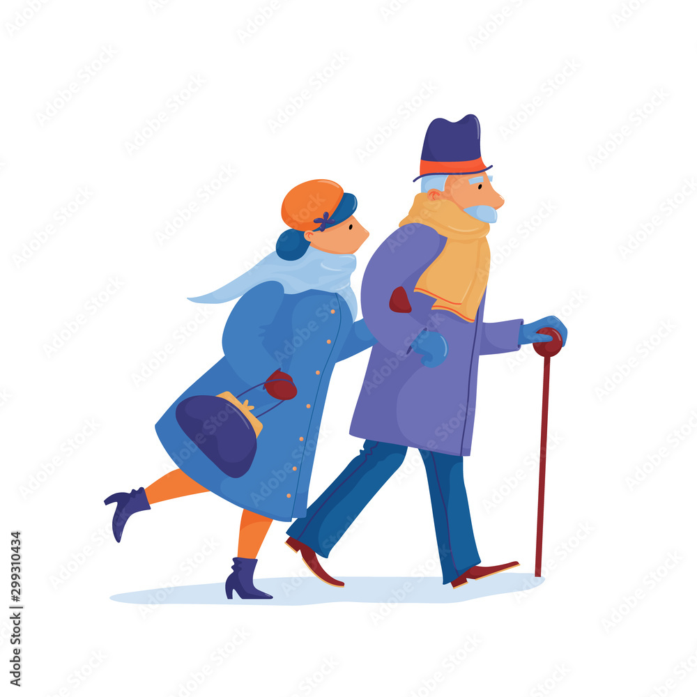 Elder couple, man and woman, in warm clothes hurrying, rushing, running fast, being late, trying to get to their destination in time, cute flat cartoon vector illustration isolated on white background