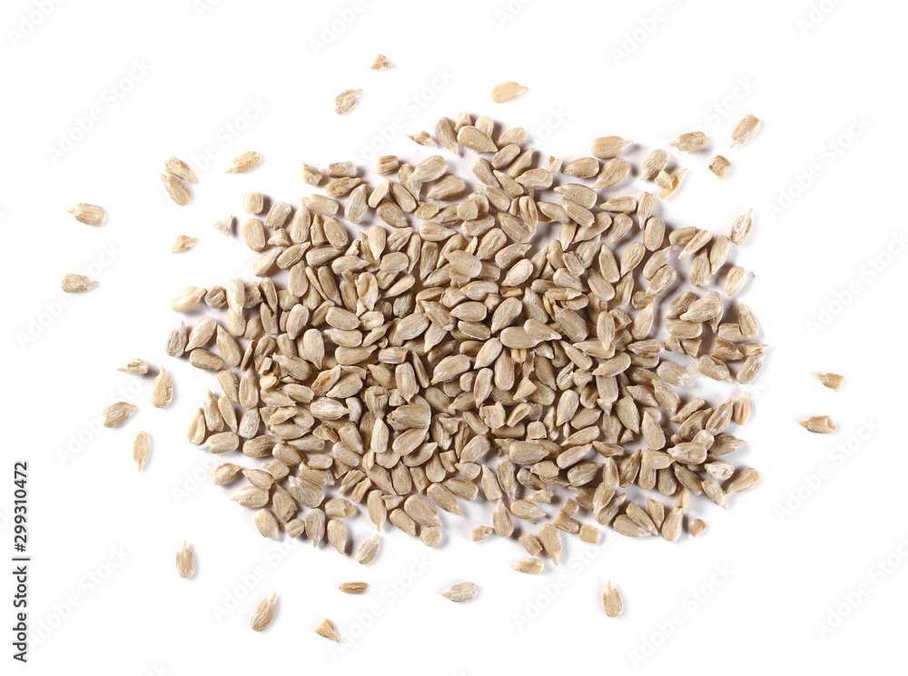 Peeled sunflower seeds isolated on white background, top view Peeled sunflower seeds isolated on white background, top view