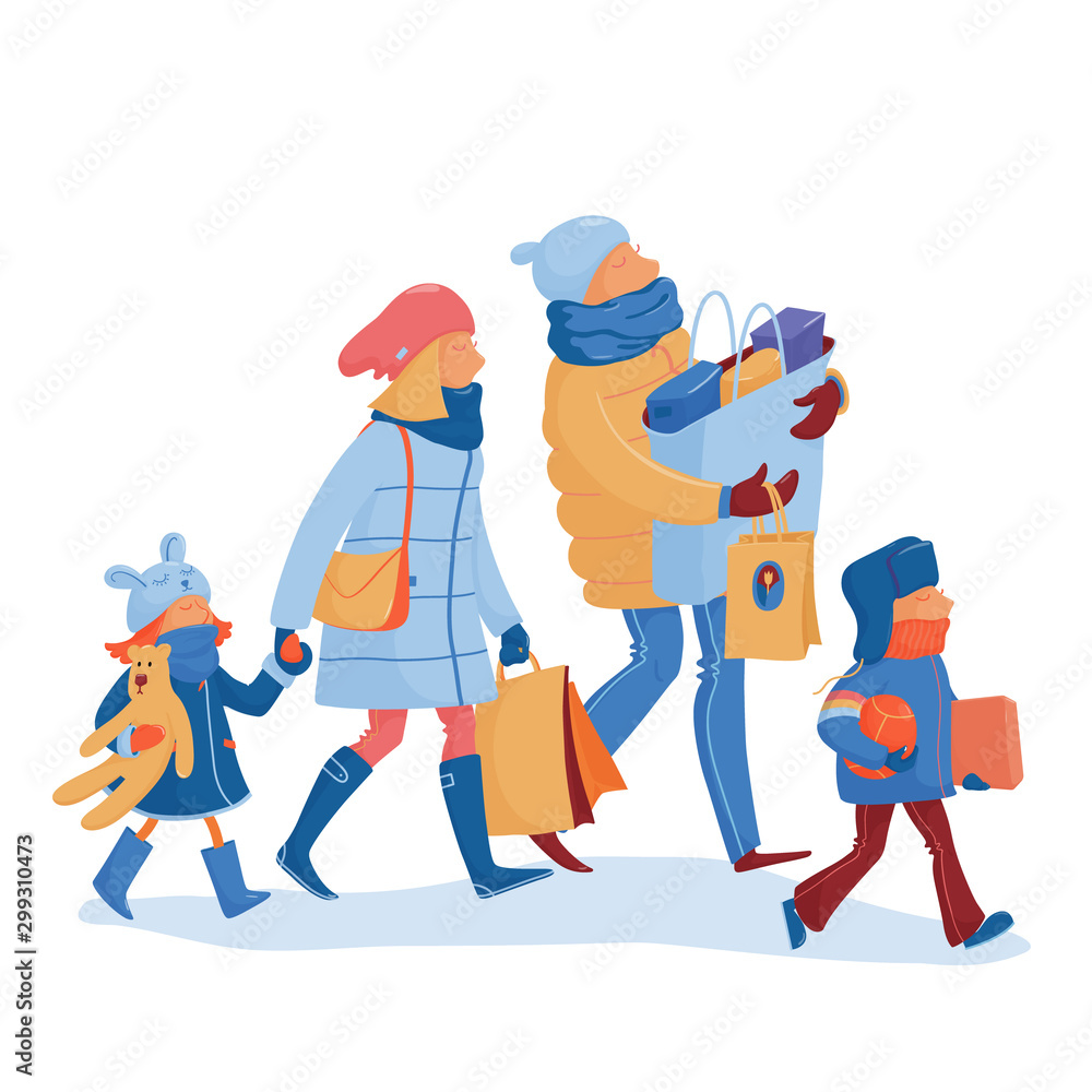 Happy family of father, mother and kids in warm clothes going home from winter sale, shopping, carrying many shopping bags and purchases, flat cartoon vector illustration isolated on white background Happy family of father, mother and kids in warm clothes going home from winter sale, shopping, carrying many shopping bags and purchases, flat cartoon vector illustration isolated on white background