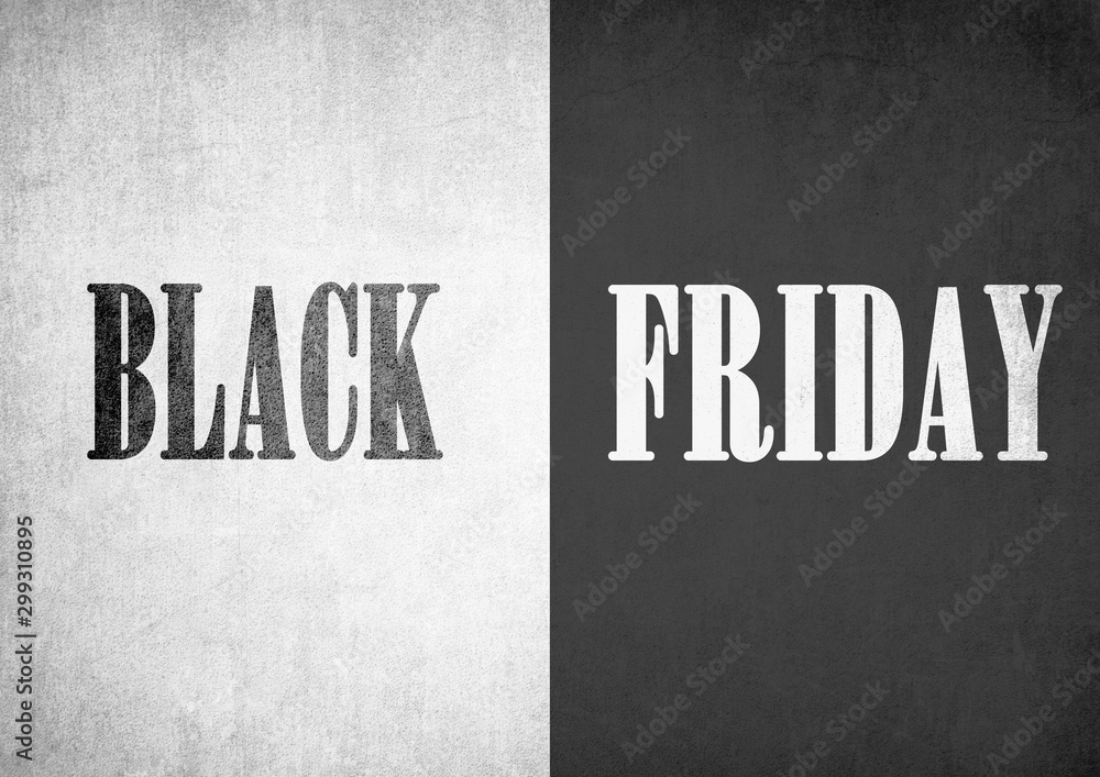 Fototapeta premium Black Friday shopping sale illustration, shopping concept with words Black and Friday on grunge symmetrical black and white background