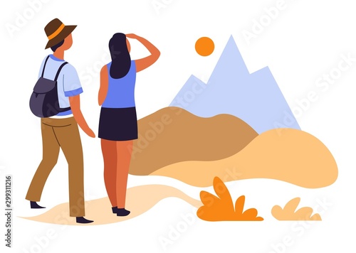 Hikers couple and sunrise in mountains traveling and tourism hiking