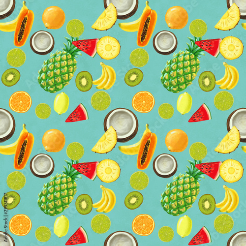Hand drawn seamless pattern with bananas, orange, pineapples papaya and watermelon.