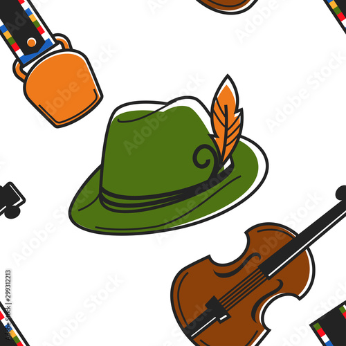 Austrian symbols seamless pattern hat with feather and violin