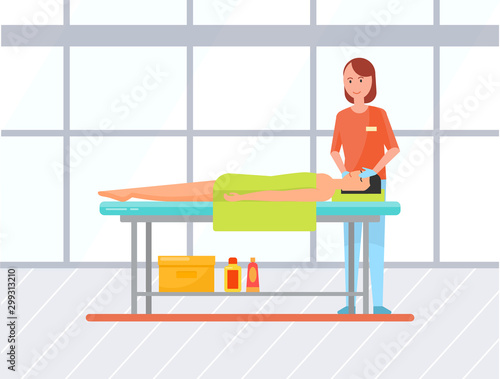 Young woman getting facial massage in spa salon. Professional masseuse and female client lying on table covered with towel. Facial procedures, body care. Vector illustration in flat cartoon style