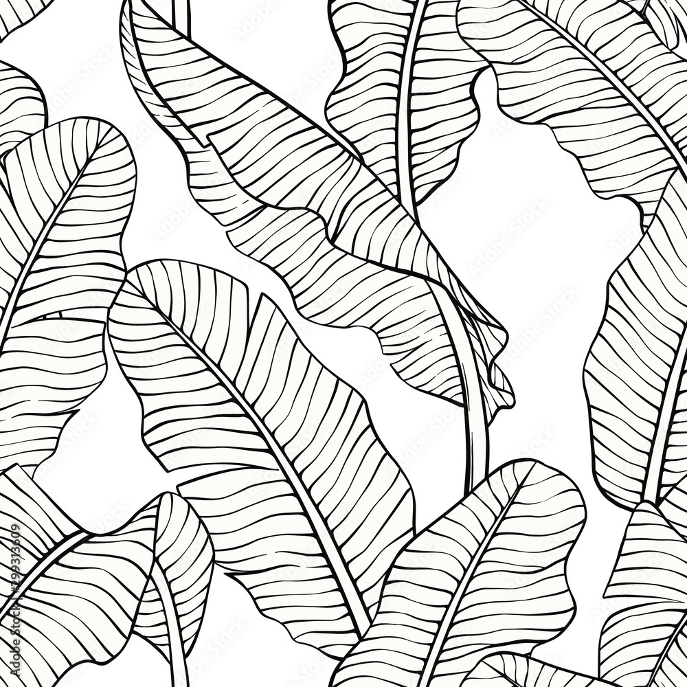 seamless pattern, vector illustration of banana leaf hand drawn sketch ...