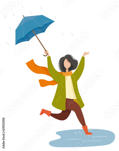 Happy woman holding umbrella and walking in rain. Female character wearing scarf and coat jumping in water. Rainy weather in autumn park. Person going street, seasonal weather in autumn park vector