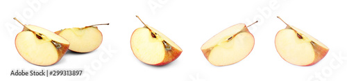Set of cut fresh apples on white background