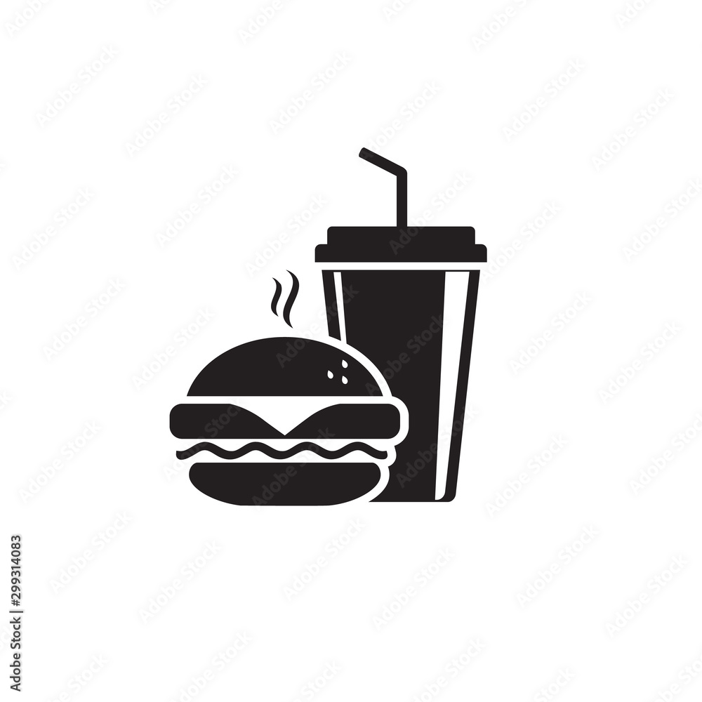 Fast Food Vector Icon. Burger and soda or cola drink silhouette, isolated Fast Food Vector Icon. Burger and soda or cola drink silhouette, isolated