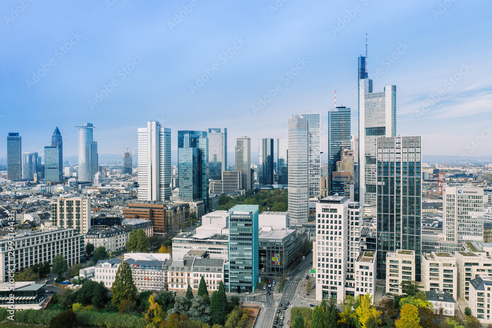 Obraz premium Frankfurt am Main Aerial view with drone. Looking towards the central bank. Main river flowing near Frankfurt. Frankfurt am Main Germany 30.10.2019