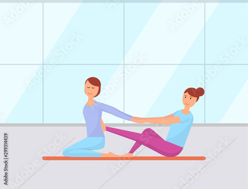 Care for body and skin in spa salon, back massage for lady to reduce pain. Masseuse with client on session, relaxing and treating, relieving ache. Vector illustration in flat cartoon style