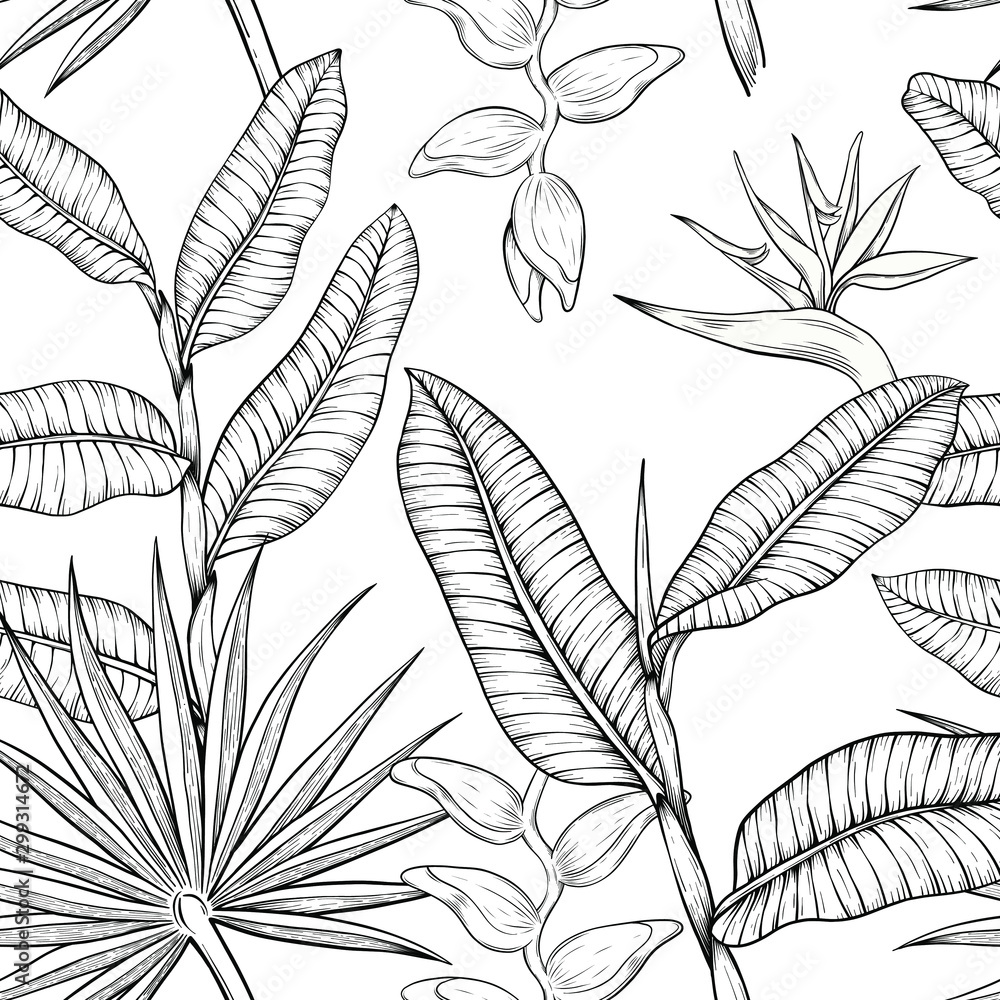 seamless pattern, vector illustration of different tropical leaves and flowers hand drawn sketch cartoon style