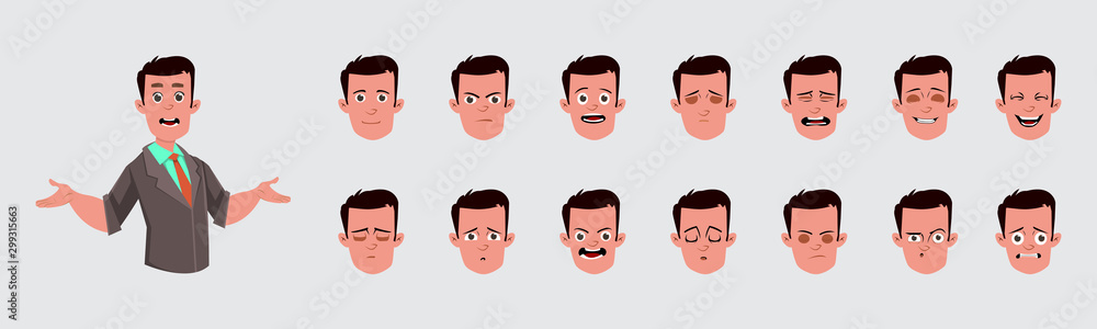 Businessman with different facial expression set. Character sheet for your design, animation, motion or something else. Businessman with different facial expression set. Character sheet for your design, animation, motion or something else.