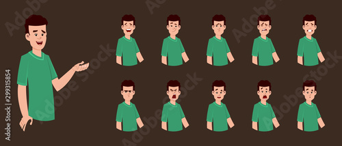 Young boy character with different facial expression for your design, motion or animation. Character model sheet for your design, animation, motion or something else.