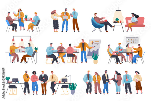 Business meeting of entrepreneurs and workers. People in office discussing plans and strategies of company. Business team working in office sitting by tables and listening to presentation. Teamwork