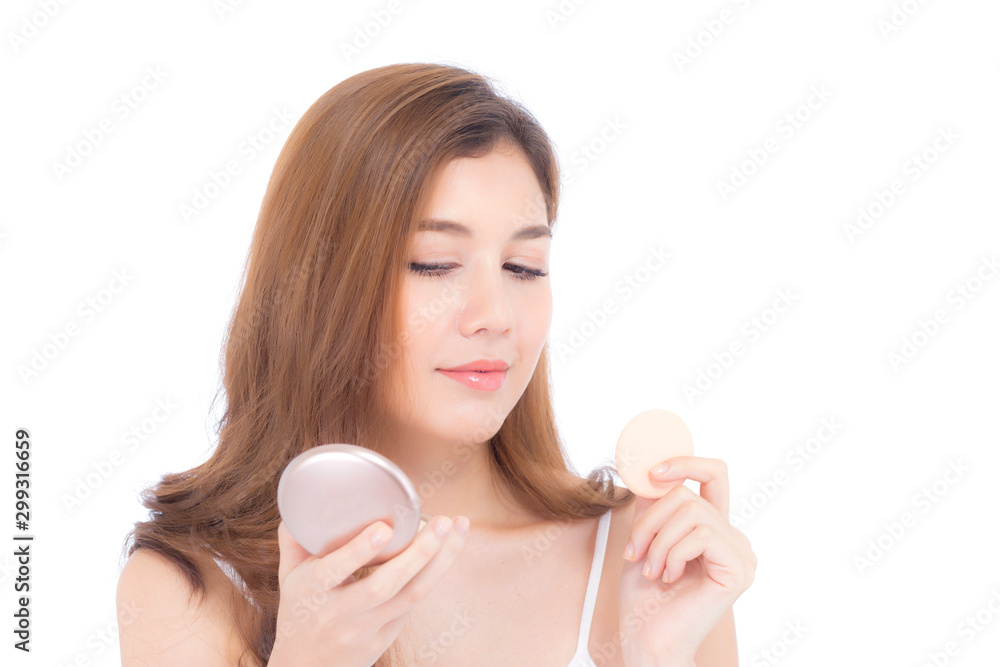 Portrait of beautiful asian woman applying powder puff at cheek makeup of cosmetic, beauty of girl with face smile isolated on white background, wellness and healthcare concept. Portrait of beautiful asian woman applying powder puff at cheek makeup of cosmetic, beauty of girl with face smile isolated on white background, wellness and healthcare concept.