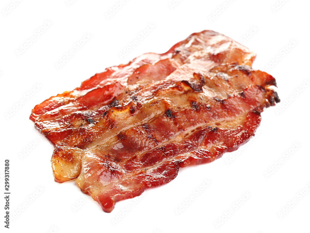 Slices of tasty fried bacon on white background