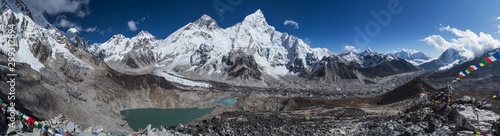 98MP Day panoramic view of  mountains: Mount Everest 8848m, Nuptse 7861m, Everest base camp path and Khumbu Glacier from Kala Patthar 5644m,  Khumbu valley, Sagarmatha national park, Nepalese Himalaya