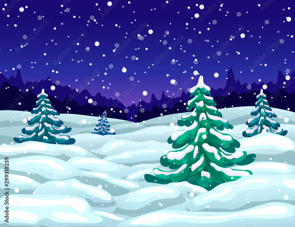 winter wonderland night landscape with snowfall and snowy fir trees. winter snow falling scene. christmas magic night backdrop. dark blue xmas card template or winter holiday panoramic banner