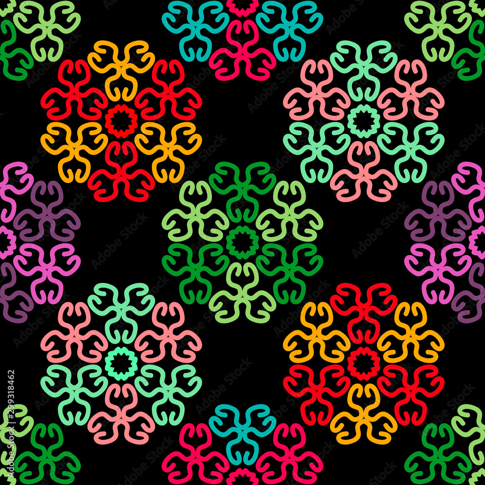 Bright seamless pattern with colorful circular geometric elements.