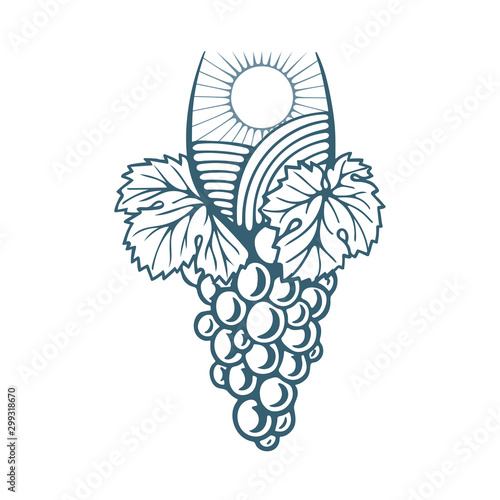 Sunny valley in wine glass with grape bunch. Sunny valley and grape hand drawn illustration.  Nature, meadows, sun and sky in wine glass. Logo for wine shop, restaurant menu and winery branding. Wine 