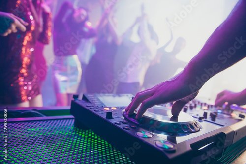Bild auf Leinwand Dj playing stereo sound rhythm retro vintage set for attractive stylish cheerful