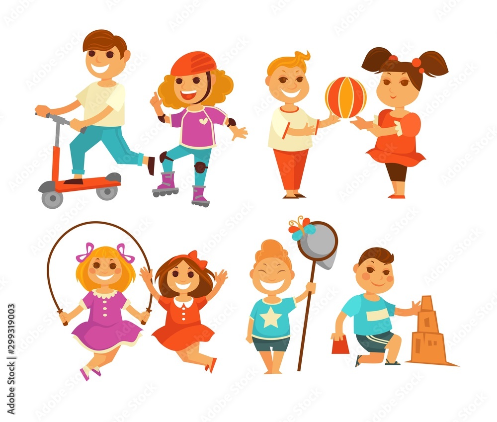 Children outdoor activity boy and girl childhood isolated characters Children outdoor activity boy and girl childhood isolated characters