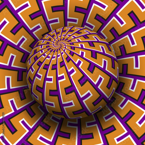 Patterned sphere soaring above the same surface. Optical illusion hypnotic vector illustration.