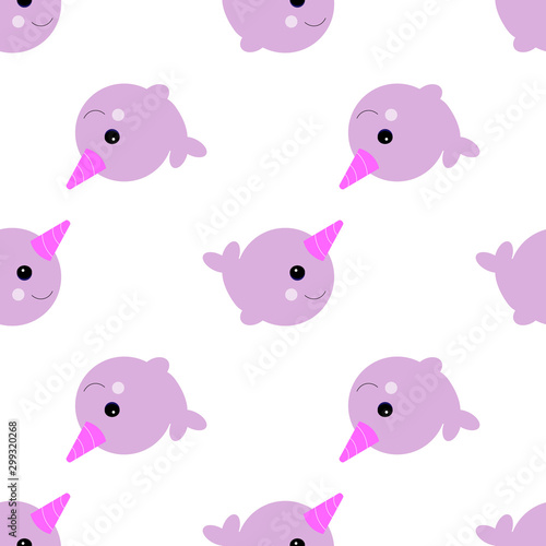 Vector illustration. Cute cartoon magic narwhal isolated on white background. funny pink unicorn whale for child and cards.