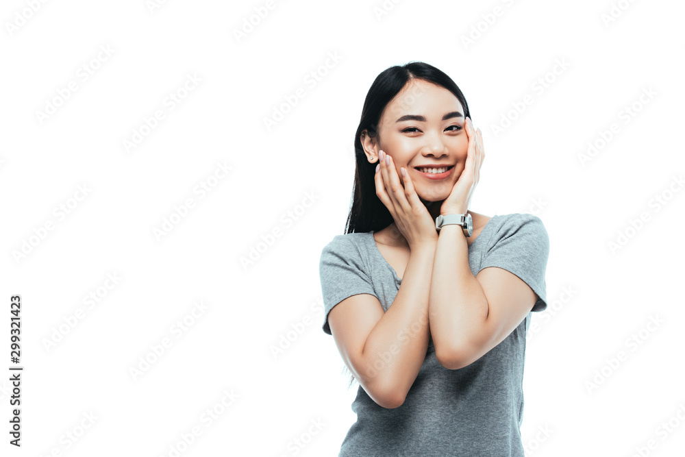 happy asian girl touching face isolated on white happy asian girl touching face isolated on white