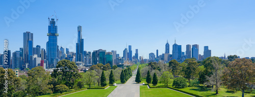 Melbourne cityscape panorama view from Shrine of Remembrance on a sunny day .