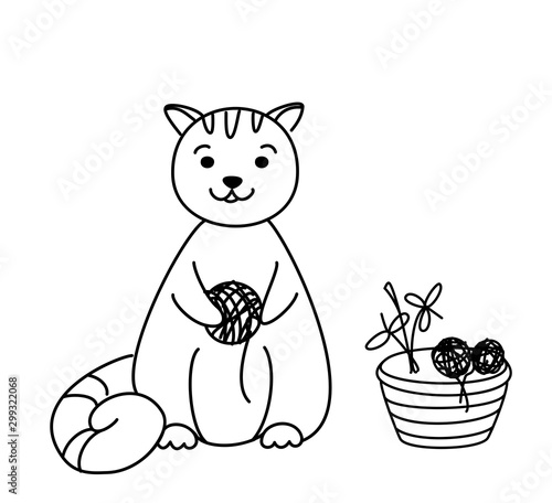 Cute cartoon cat standing on a white background with a basket and a skein of yarn.