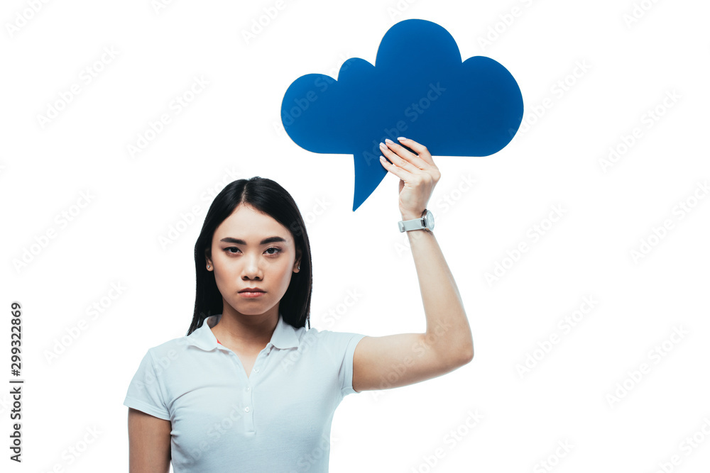 sad asian girl holding blank thought bubble isolated on white sad asian girl holding blank thought bubble isolated on white