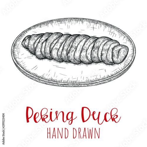 Peking duck chinese dish, hand drawn vector illustration, isolated sketched design.